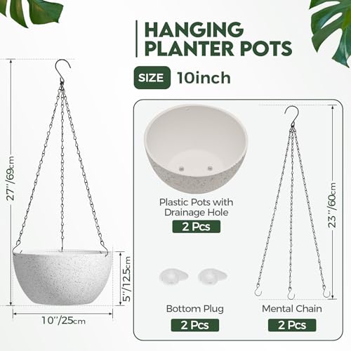 T4U 10 Inch Hanging Planters for Indoor Outdoor Plants - 2 Pack Plastic Hanging Flower Plant Pot with Drainage Hole, Round Hanging Plant Basket for Home Garden Porch Balcony Patio Decor (White) - color: White, size: 10 In