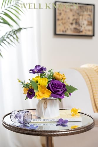 WELL KNOWN Small Fake Flowers in Plastic Vase 7" Centerpieces Coffee Table Decor, Silk Flower Arrangements for Home Decor Indoor Artificial Flower Bouquet for Dining Room Kitchen Wedding Yellow Purple - color: Purple & Yellow