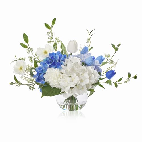 WELL KNOWN Artificial Flowers with Vase, Silk Hydrangea Bouquet and Peonies in Vase with Faux Water for Home Decor, Fake Tulips Flower Arrangements for Birthday Wedding Party Table Centerpieces (Blue) - color: Blue & White Mixed