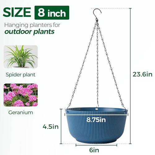 T4U 8 Inch Hanging Planters for Indoor Outdoor Plants, Self Watering Hanging Pot Pack of 2, Hanging Pots with Drainage Hole & Plug & Chain with 3 Hooks for Garden Home Decor, Blue - color: Blue, size: 8 inch