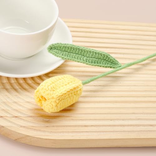 MECCANIXITY Tulip Crochet Flowers, Artificial Knitted Tulip Flower Completed Handmade Tulips Bouquet for Gift Home Birthday Wedding Decoration, Yellow Pack of 10 - color: Yellow