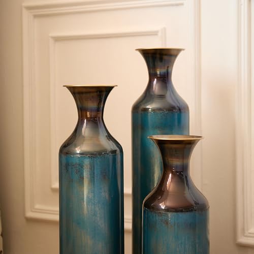 Floor Vases Decorative Tall Set of 3, Teal Blue Torch-Fired Metal Standing Vase for Decor Living Room Rustic Burnt Finish Vases for Fireplace Corner Hallway, Bedroom, Entryway - color: Teal Blue1