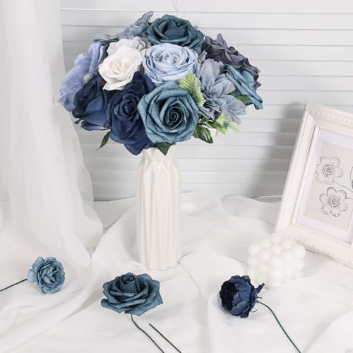 Artificial Flowers Dusty Blue Fake Flower Combo Set for DIY Wedding Bouquets, Faux Flowers with Stems for Table Centerpieces Cake Decorations Home Decor - color: Dusty Blue