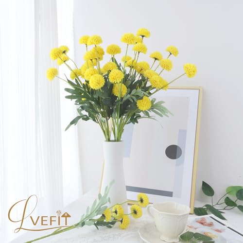 LVEFIT 10 Pcs Yellow Kiku Flower Fake Mums Long Stem Flowers,Faux Kiku Flower Bulk,Silk Flowers Mini Chrysanthemum Floral Arrangements,Artificial Flowers Chrysanth Mini Fake Flower - color: Yellow