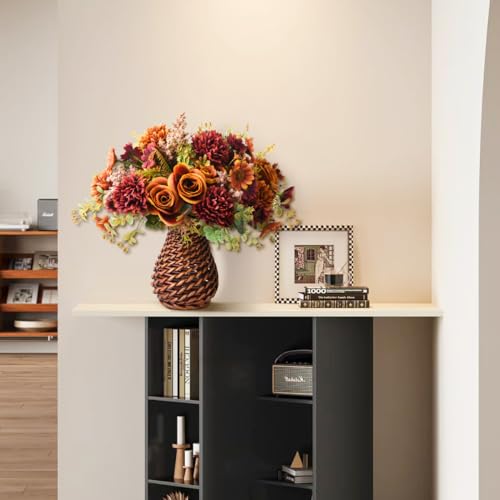 Artificial Faux Flowers in Vase, Fake Silk Floral Arrangements Rose Bouquets with Handmade Rattan Vase, Farmhouse Table Decorations Centerpieces for Dinning Room Kitchen Office Desktop (Brown) - color: Brown