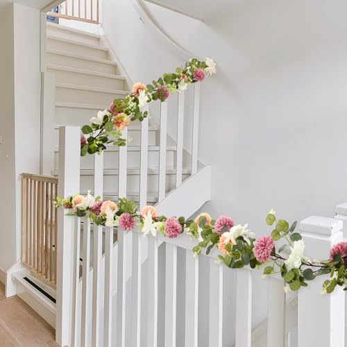 Giegxin 1 Pack 6 ft Artificial Flower Garland with Dahlias and Chrysanthemum Dusty Pink Summer Eucalyptus Greenery Garland for Wedding Porch Stair Table Centerpieces Baby Shower Birthday Decor - style: Chrysanthemum