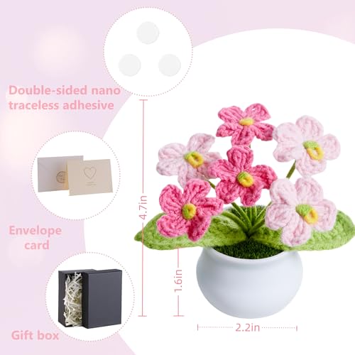 Crochet Flowers Handmade Knitted Potted Flower, Crochet Gifts for Coworkers Teacher Appreciation Cute Home Dorm Room Office Plants Accessories Pink Flower Desk Decor for Women Daughter - color: Gradient Pink