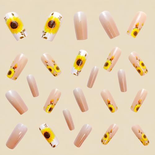 Flower MIXFOSAHN Press on Nails Medium Square Fake Nails Yellow Nude False Nails with Bright Sunflower Designs Glossy Full Cover Stick on Nails Flower Nails Glue on Nails for Women Girls 24 Pcs - color: Flower Square16