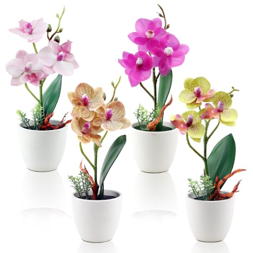 4Pcs Artificial Flowers Orchid Fake Phalaenopsis Small Potted Plant Ceramic Vase for Table Centerpiece Home Office Bathroom Wedding Decor - color: 4 Colors