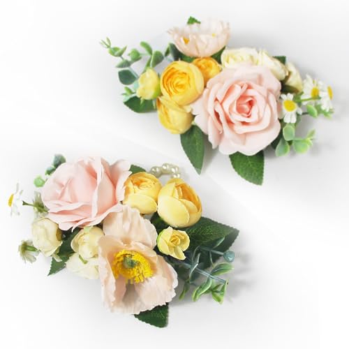 Rinlong 2Pcs Pastel Pink Wrist Corsage for Wedding, Prom, Homecoming | Bridesmaid Wristlet, Mother of the Bride Flower Corsage - color: 17-yellow Pink