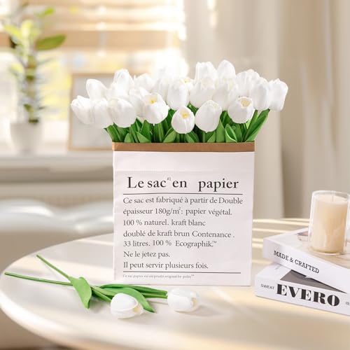 U'Artlines 30Pcs Fake Tulips Artificial Flowers with Stems Faux Tulips Bouquet Real Touch Flower for Wedding Home Kitchen Spring Easter Mother's Day Floral Arrangement Decor (White) - color: White