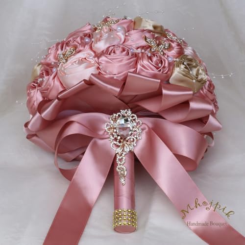 Handmade Wedding Flowers Bouquet Round Holding Bridal Bouquet Artificial Satin Roses Bunch for Bride Bridesmaid Wedding Quinceanera - color: Blush Pink, Light Salmon & Camel Brown, size: Medium (Dia. 8.7"/22cm)