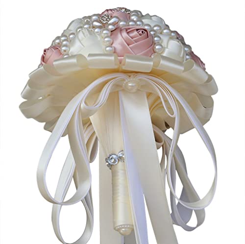 Blush Pink Bridal Wedding Bouquet with Rhinestone Brooch Pearl for Bride Bridesmaid Quinceanera Satin Rose Flower Bouquet Wedding Blush Pink and Ivory 7.1in - color: #2 Blush & Ivory, size: Diameter: 7.1 inches