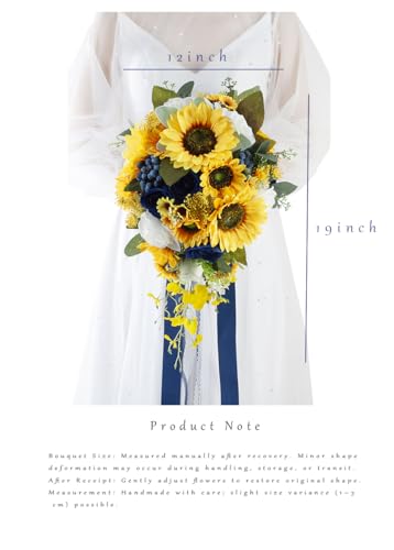 12 Inch Cascade Wedding Bouquets for Bride, Royal Blue & Yellow Sunflower Cascading Bridal Bouquet for Wedding Silk Artificial Flowers - color: Royal Blue & Yellow