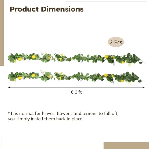 2 Pcs Artificial Lemon Garlands, 6.6 ft Faux Greenery Vines, Fake Fruit Vines with Lemons, Flowers, and Leaves, Spring Fruit Garlands for Indoor Outdoor Wedding Home Door Wall Decoration