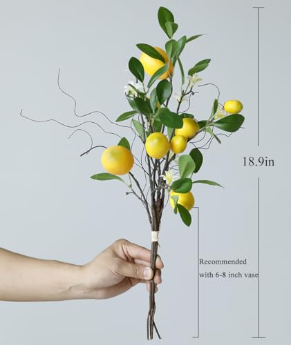Laelfe Artificial Lemons Branches, 8 Head Faux Lemons with Stem Fake Lemon Themed for Kitchen Decoration Party Farmhouse Decor (Yellow) | Fake Lemon Stems, Summer Home Kitchen Decor, Farmhouse Party Decorations