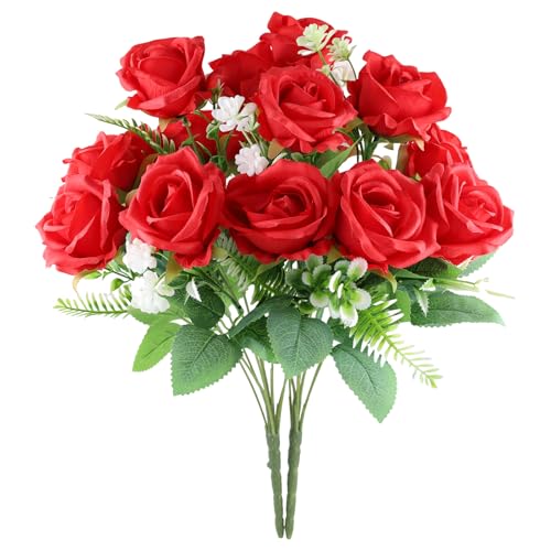 Cemetery Flowers for Grave 2pcs Grave Flowers for Cemetery-Red Silk Memorial Artificial Rose Flowers for Headstones Gravesite Graveyard Grave Vase Decorations - color: Red