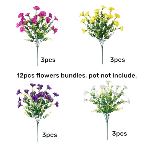 HyeFlora Artificial Flowers for Outdoors Fake Plants Outside Decoration, 12 Bundles Silk Colorful Morning Glory with Eucalyptus UV Resistant Realistic Faux Flowers for Planter Front Door Garden Yard - color: Multi Color(3 Purple, 3 Fuchsia, 3 White, 3 Yel