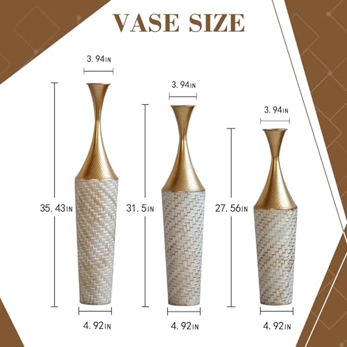 Tall Floor Vases Set of 3 for Decor Living Room Floor, Gold Vases Home Decor, Embossed Body Pattern, 35.43" H/31.5" H/27.56" H Geometric Cylinder (Gold 10) - color: Gold 10