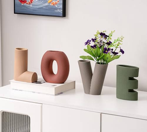 Creative Vase Set of 4, Modern Nordic Boho Style Flower Vases Home Decor for Living Room Kitchen Office(Green/Brown/Burgundy/Khaki) - color: Green/Brown/Burgundy/Khaki
