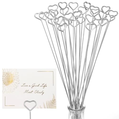 30Pcs Floral Card Holder Picks - Wire Place Card for Wedding - Metal Photo Picture Clip - Table Name Number, Memo Note for Flower Arrangement, Baby Shower, Party Decorations - color: Silver, size: Heart