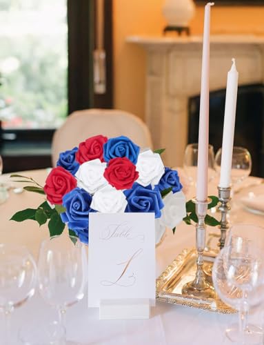 100pcs White Foam Roses Heads,3inch Blue Faux Flowers Red Artificial Rose Stemless Fake Flower Bulk for DIY Crafts,Cake Decoration Wedding,Baby Shower Flower Centerpieces(White,Red&Blue) - color: 100pcs White&red&blue