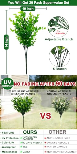 TURNMEON 20 Bundles Artificial Greenery Plants Outdoor Summer Decor, UV Resistant Fake Plants Boxwood Shrubs Grass,Faux Eucalyptus Flowers for Farmhouse Gardens Home Patio Indoor Cemetery Decor(Green) - color: Green, size: 20 Bundles