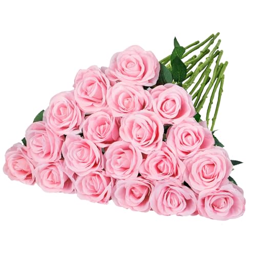 Ouddy Decor 20 Pcs Pink Roses Artificial Silk Flowers Fake Roses Bouquet with Long Stems for Mother's Day Decor Wedding Home Party Table Centerpieces Bridal Bouquet DIY Floral Arrangment, Pink - color: Pink, size: 20 Packs
