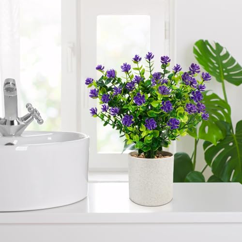 4 Pack Artificial Flowers in Pots, Mini Fake Potted Plants Small Faux Flowers for Indoor Decor, Purple Spring Tabletop Centerpieces for Bathroom Office Desk Shelf - color: Purple, size: 4 Pcs