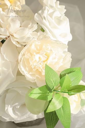 Floroom Cream White Artificial Flowers Ivory Fake Roses Peonies Dahlias and Greenery Combo Box Set for DIY Wedding Bouquets Bridal Shower Centerpieces Floral Arrangements Party Tables Home Decorations - color: Whisper of White