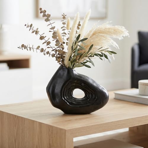 Sunddo 7 Inch Black Ceramic Vase for Modern Home Decor - Donut Vases, Small Boho Style Decorative Vase for Flowers, Bathroom, Wedding, Bedroom, Dining Table, Shelf Centerpiece - color: Black, size: 7 inch
