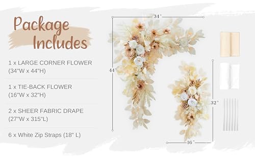 Wedding Arch Flowers with Drapes Kit (Pack of 4) - 2pcs Artificial Beige Deluxe Swag with 2pcs Sheer Drapes for Wedding Ceremony Arbor Reception Backdrop Rose Floral Decoration - color: Beige