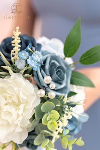 TINGE TIME 7 Inch Artificial Flowers Wedding Bouquets for Bridesmaid, Set of 4, Dusty Blue Bride Tossing Bouquet for Rustic Wedding Ceremony Bridal Shower Rehearsal Dinner Vintage Party - color: Dusty Blue & White
