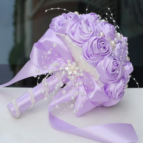 Bridal Wedding Bouquet with Pearl Brooch Bouquet for Bride Bridesmaid Quinceanera Satin Rose Flower Bouquet Wedding Light Purple 8.7in - color: Light Purple