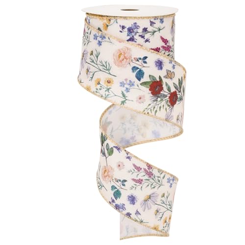 JarThenaAMCS Vintage Floral Wired Ribbon 2.5 Inch Wildflower Ribbon for Bow Wreath Craft Gift Wrap Spring Holiday Wedding Birthday Party Home Decor