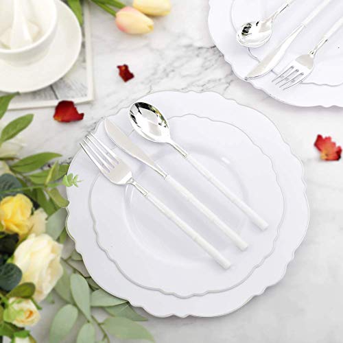 WDF 60pcs Silver Plastic Plates-Baroque White &Silver Plates for Upscale Parties &Wedding-including 30Plastic Dinner Plate 10.25inch, 30 Salad Plate 7.5inch for Baby/Shower/Wedding/Independence Day - color: Silver, size: 60PCS