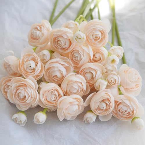 18 Pcs Champagne Ranunculus Artificial Flowers Silk Ranunculus Flowers Bulk Real Touch Mini for Wedding DIY Bouquets Home Decor Arrangements - color: Cream