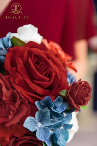 TINGE TIME Bridesmaid Bouquets for Wedding Set of 4 Red&Navy Blue 7 Inch Wedding Bouquets Artificial Silk Flowers Bridal Bouquets for Bridesmaids, Wedding Decor, Anniversary, Party - color: Red&navyblue