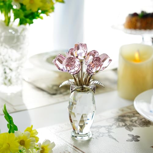 H&D HYALINE & DORA Pink Crystal Rose Bouquet Figurine,Handmade Rose Flower Gifts for Mom Gifts for Women,Glass Flower Collectible Ornament Home Table Wedding Decor - color: Pink 1