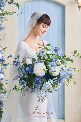 Ling's moment Artificial Flowers Fake Silk Roses Faux Foam Gardenia Combo for DIY Wedding Bouquets Centerpieces Arrangements Bridal Shower Party Home Decorations, Dusty Blue & Ivory, 23pcs - color: Blu-dusty Blue & Ivory
