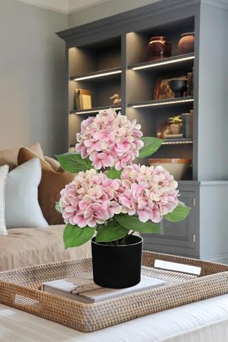 Hollyone Pink Hydrangea Artificial Flowers in Pot Large Silk Hydrangeas Flowers Fake Flowers Arrangements for Indoor Home Office Kitchen Table Centerpieces Wedding Decorations - color: Pink, size: 3 Head Hydrangea