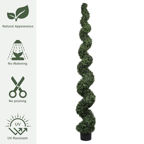 7ft Tall Artificial Spiral Topiary Trees Outdoor Set of 2, Faux Boxwood Plants for Front Porch & Indoor Home Decor, UV-Resistant 7 Foot Large Fake Plants for Patio, Garden, Entryway Decor - color: Dark Green, size: 7ft