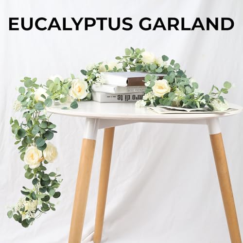 Der Rose 4 Pcs 26FT Artificial Flower Garland, Floral Eucalyptus Spring Garland with Champagne Rose, Faux Flower Vine for Wedding Arch Backdrop & Table Decor - color: Champagne 4 Pcs
