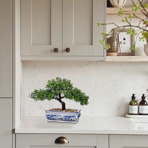 Artificial Bonsai Tree with Blue and White Porcelain Pot, Fake Pine Bonsai for Home Office Desk Decor, Oriental Zen Tabletop Decoration, Faux Bonsai Plant for Living Room, Shelf & Gift - style: 7.5" BW porcelain