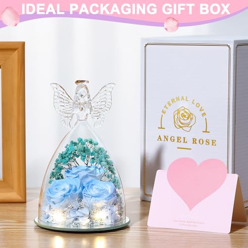 Mothers Day Rose Gifts for Women Preserved Real Flower in Glass Angel Figurines Roses for Delivery Prime Birthday Gifts for Mom Grandma Girlfriend Wife Her, Sky Blue White - color: Sky Blue White