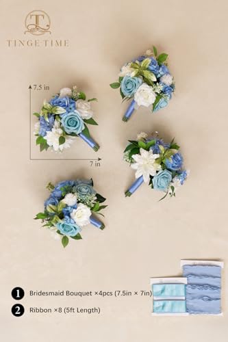 TINGE TIME 7 Inch Artificial Flowers Wedding Bouquets for Bridesmaid, Set of 4, Provence Blue Bride Tossing Bouquet for Summer Wedding Ceremony Bridal Shower Rehearsal Dinner Vintage Party - color: Provence Blue