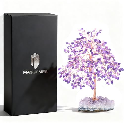 Natural Gemstone(406 Stone Count) Amethyst Crystal Tree of Life,Chakra Balancing Positive Enegy Fengshui Decor Bonsai Money Tree,Good Luck Spiritual Gift Height 8.5-9 Inches - color: Amethyst With Amethyst Cluster Base