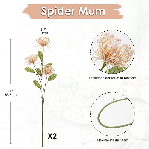 Hollyone 33" Pink Artificial Mums Flowers Sping Summer Chrysanthemum Flowers 2Pcs Fake Spider Mum Flower Arrangement Faux Pincushion Flower with 3 Heads Long Stem Bouquet Home Decor - color: Pink