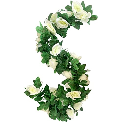 2 Pack Artificial Rose Vine Garland Fake Roses Flowers Plants Vines Hanging Floral Leaves Decoration for Wedding Party Table Garden Arch Wall Home Room Decor(White) - color: White, size: 【2 Pcs】
