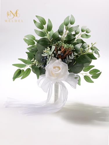White Rose Wedding Bouquets for Bride and Bridesmaid,Premium Fabric Eucalyptus Greenery Wedding Floral Arrangements Suitable for Bridal Shower, Toss Bouquet, Wedding Centerpiece, Ceremony Decor - color: 1pcs White&green Bouquets